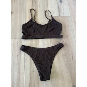 Zaful Brown Crinkle Textured Bikini Set Cut Out Top High Leg Bottoms Size M 6